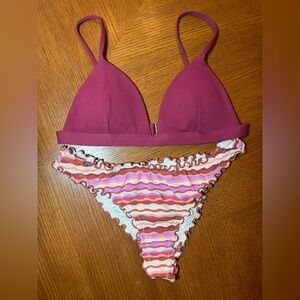Magenta Triangle Bikini Top with Pink Stripe Ruffle Bottom